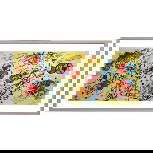 Melissa MARKS: "Volitia Avoids..." - Color Pencil: Melissa Marks (American, b. 1965) color pencil on paper depicting a colorful abstract scene titled "Volitia Avoids Puncture". Bearing gallery labels to verso, in white shadowbox frame. [Work: 14" H x
