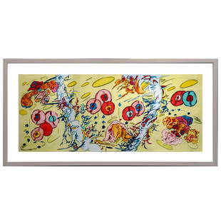 Melissa MARKS: "Volitia Avoids..." - Color Pencil: Melissa Marks (American, b. 1965) color pencil on paper depicting a colorful abstract scene titled "Volitia Avoids Puncture". Bearing gallery labels to verso, in white shadowbox frame. [Work: 14" H x