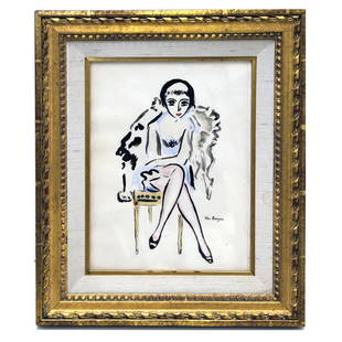 After Kees van DONGEN: "...la Comtesse" - W/C: Gilt framed watercolor on paper painting depicting a seated lady after Kees Van Dongen, titled "Portrait de la Comtesse". [Sight: 11 1/4" H x 8 1/2" W; Frame: 17" H x 14" W]. Sheet with scattered