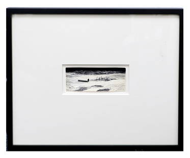 Masao YAMAMOTO: Drainage Pipe - Gelatin Print: Masao Yamamoto (Japanese, b. 1957) gelatin silver print depicting a drainage pipe in desolate landscape, matted and framed under glass. [Print: 2 1/4" H x 5 3/4" W; Frame: 13 1/2" H x 17" W]. Print