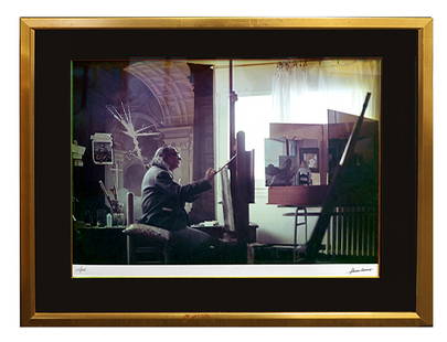 Signed Photograph of Salvador Dali in Studio: Photograph of Salvador Dali, taken by Marc Lacroix, painting in his studio, signed to lower right margin and numbered lower left, 25/25. [Sight: 19 1/2" H x 23 1/4" W; Frame: 28" H x 31 3/4" W].