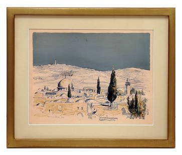 Hermann STRUCK: View of Jerusalem - Lithograph: Hermann Struck (German, 1876-1944) lithograph depicting a landscape view of Jerusalem, signed in pencil lower left and numbered, 20/75. [Sight: 10 1/4" H x 13 1/4" W; Frame: 15" H x 18" W]. Work with