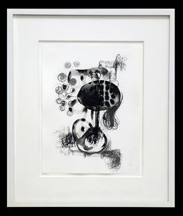 Dennis HOLLINGSWORTH: "Lafayette" - Sumi Ink: Dennis Hollingsworth (American, b. 1956) sumi ink on paper depicting an abstract composition titled "Lafayette," 1996. Bearing gallery labels to verso. [Sheet: 12" H x 9" W; Frame: 18" H x 15 1/4" W].