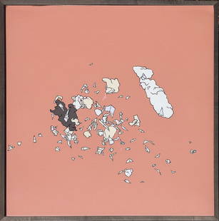 Pablo VARGAS: "Torn Map" - Paper Collage: Pablo Vargas (Mexican, b. 1968) abstract linear paper collage on pink background titled "Torn Map". [Frame: 30 1/4" H x 29 3/4" W]. Overall in good condition with light wear.