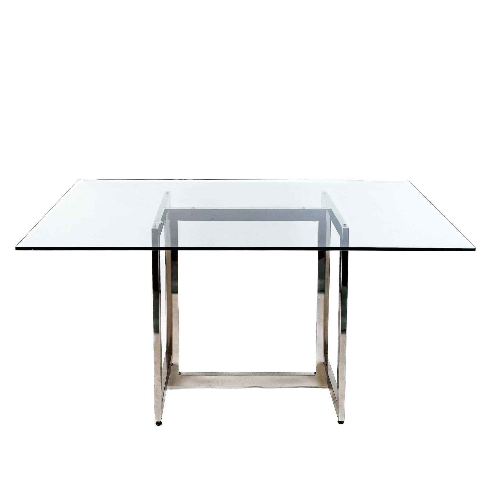 Modern Glass Top Table With Chrome Base: Modern glass top table with chrome base. [40" H x 64" W x 4 1/2" D]. Light wear.