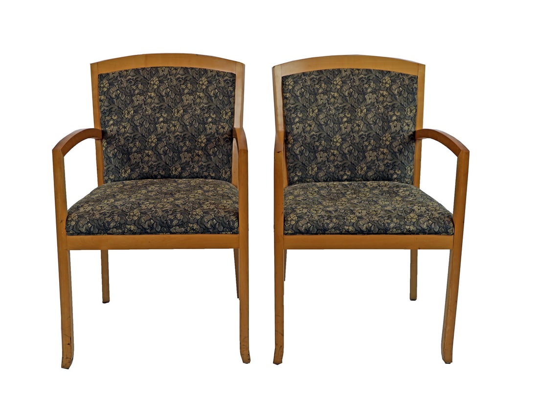 Pair of Modern Blond Wood Armchairs: Pair of modern blond wood upholstered armchairs. [35 1/2" H x 21 1/2" W x 24 1/2" D].