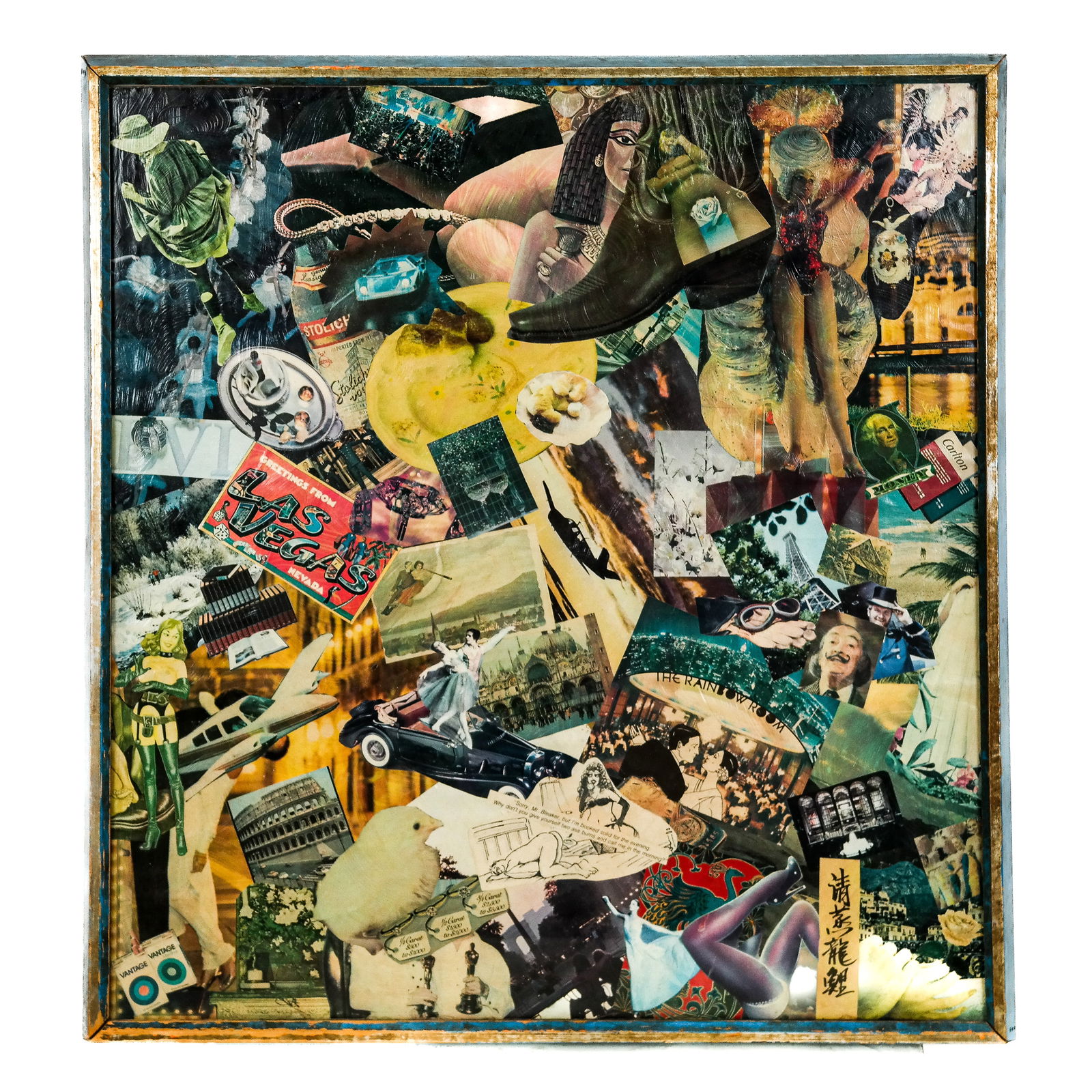 Framed Pop Culture Mixed Media Collage: Framed mixed media collage depicting various popular culture magazine cutouts. [Frame: 22" H x 21" W]. Toning, wear, frame with losses and wear.