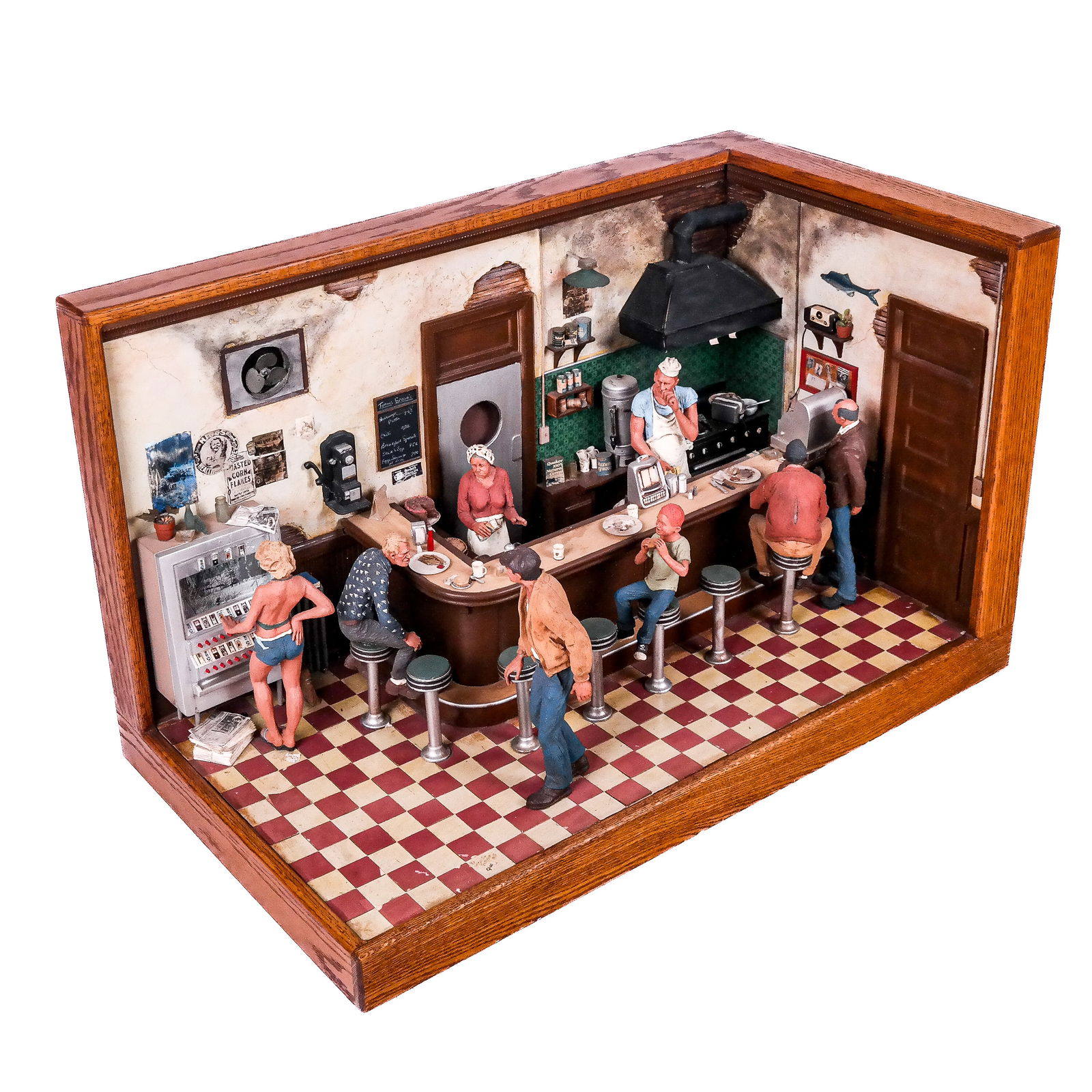 Michael GARMIN: Figural Interior - Sculpture: Michael Garmin (b. 1938) mid- to later 20th century diorama sculpture of people gathered in a diner, Edition # 15/100, copyright 1969, in a golden oak case. [24" H x 39 1/2" W x 23" D].