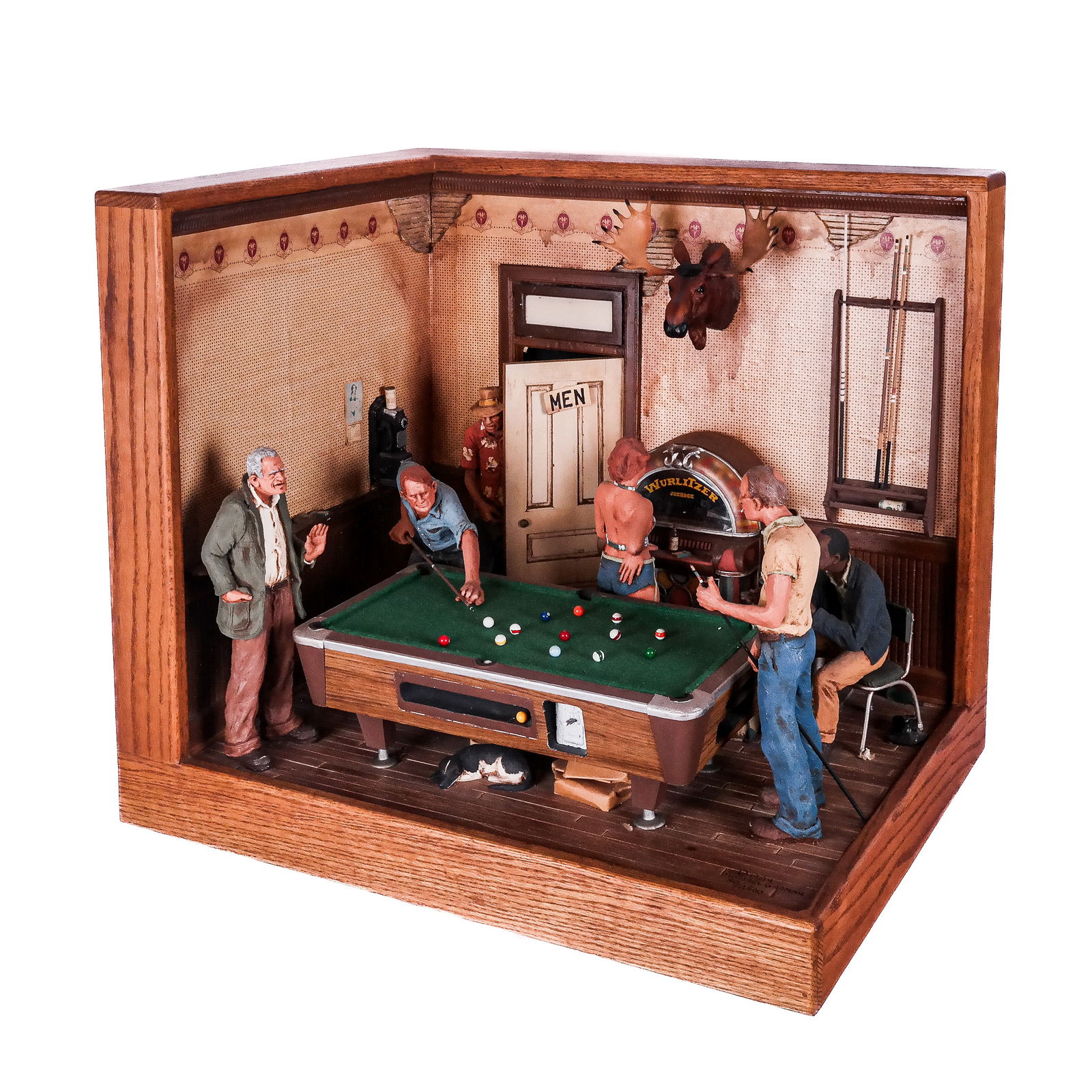 Michael GARMIN: Pool Game - Sculpture: Michael Garmin (b. 1938) late 20th century figural diorama sculpture of a figures at a pool game, copyright 1984, Edition 50/2500, in a golden oak case. [23 1/2" x 27" W x 21" D]. In good condition.