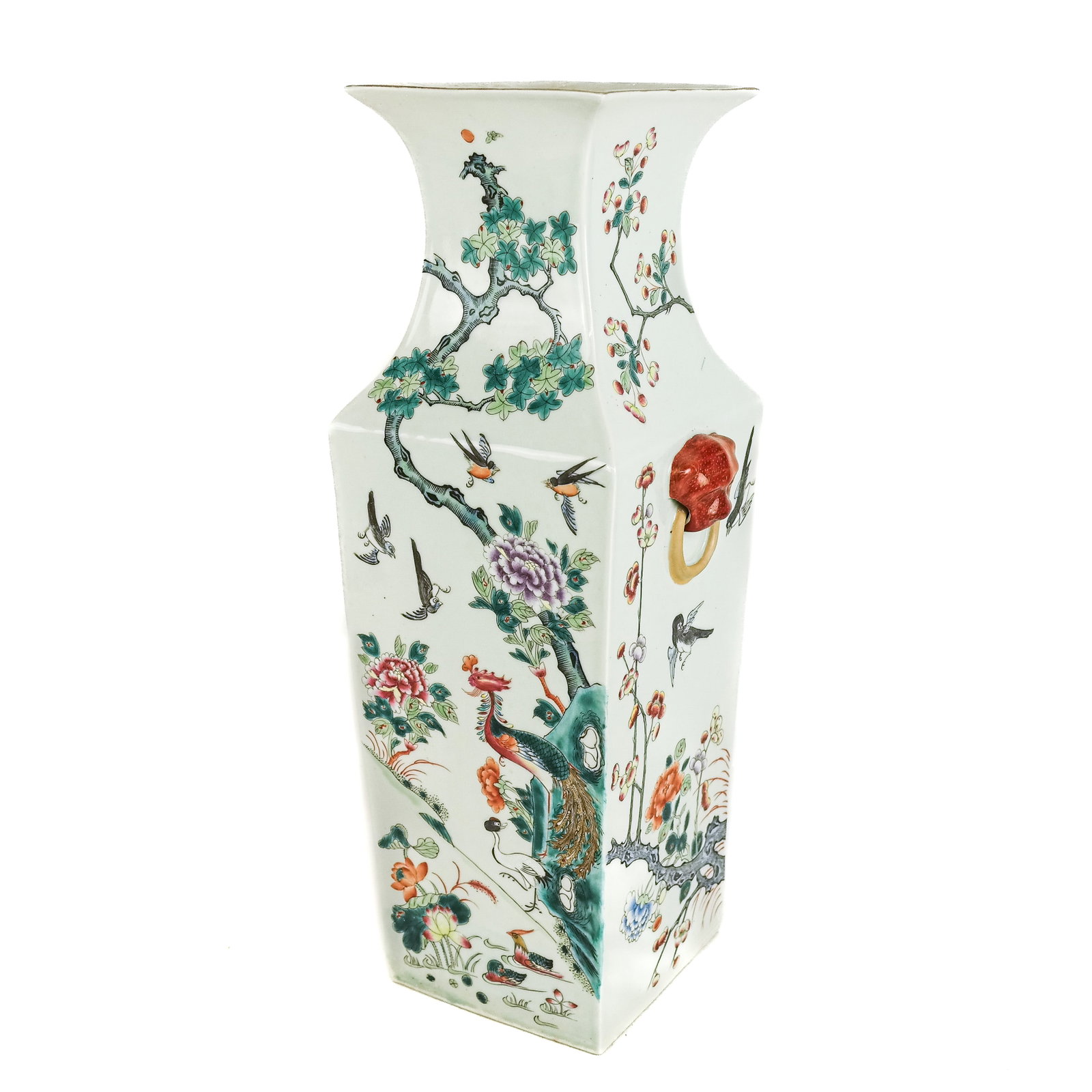 Chinese Famille Rose Squared Vase: Chinese famille rose square vase having a flare top on tapered body, decorated with flowers on bird enameled design. [17" H x 6" W x 6" D].