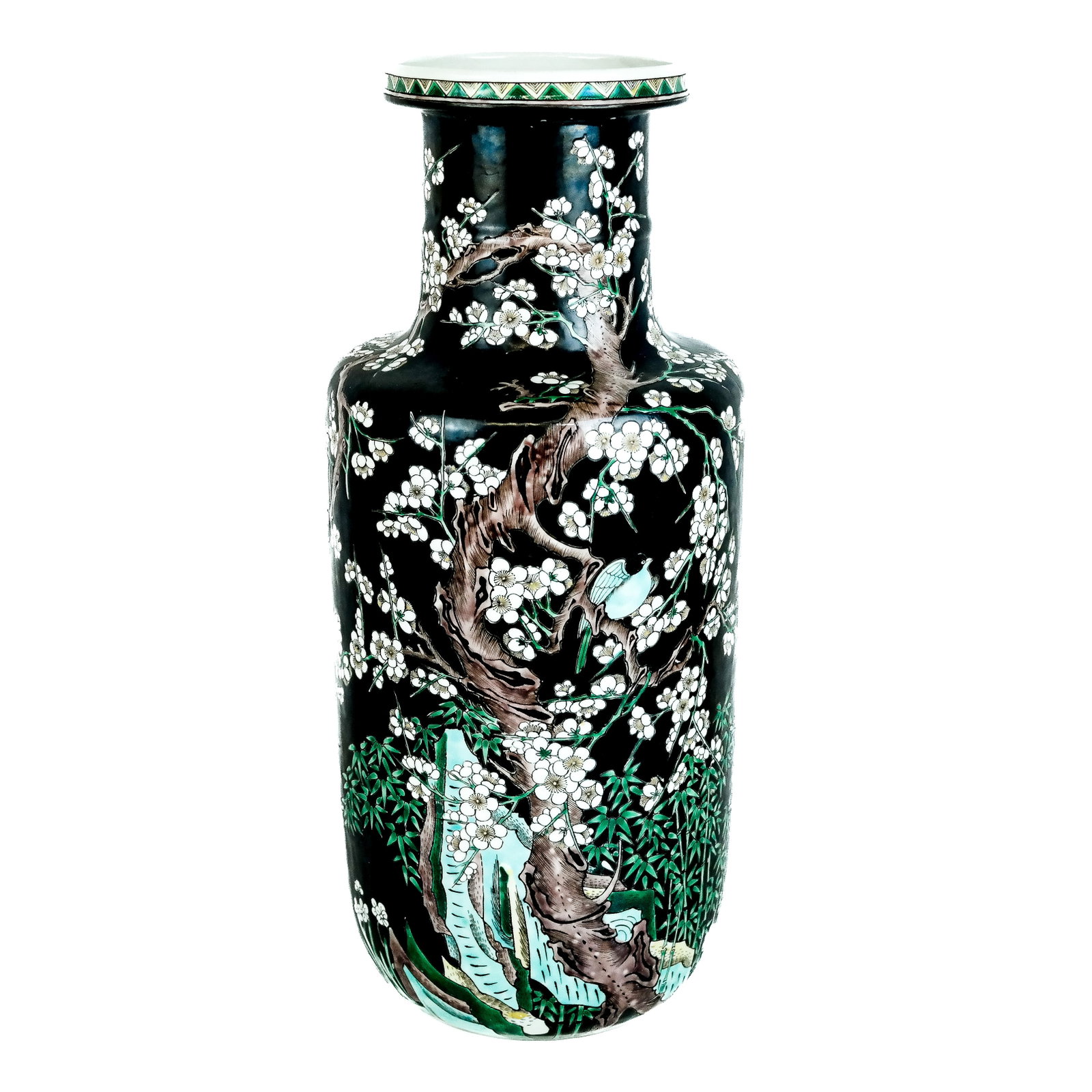 Chinese Famille Verte Vase: Chinese famille verte vase, with enameled flowers and bamboo leaves on black ground on round flare top, bearing double ring on bottom. [16" H x 6 1/2" Diam.].