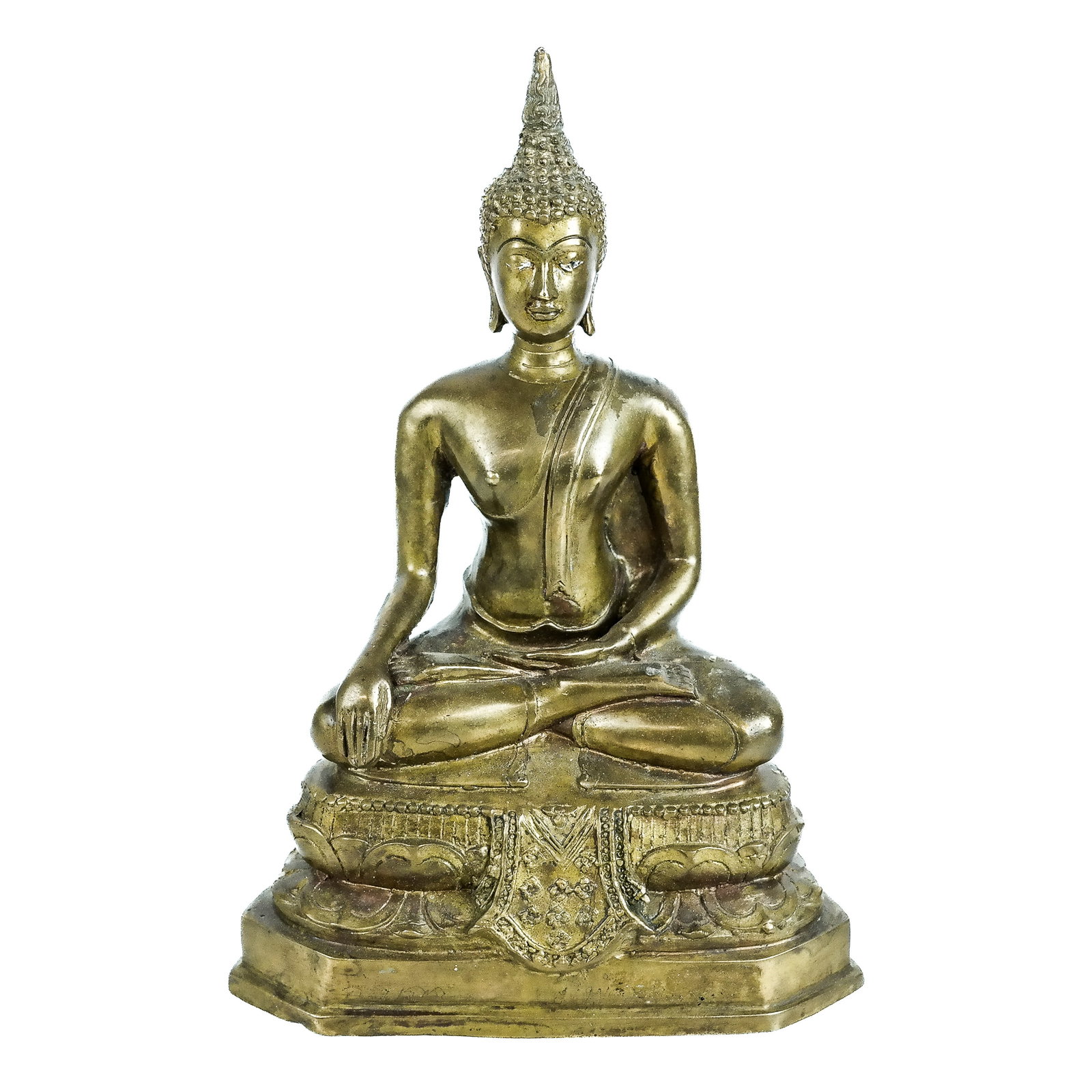 Chinese Bronze Seated Buddha: Chinese bronze seated Buddha, finial head piece, on Lotus-form base, in one piece. Gilt bronze. [9" H x 6 1/2" W x 4" D]