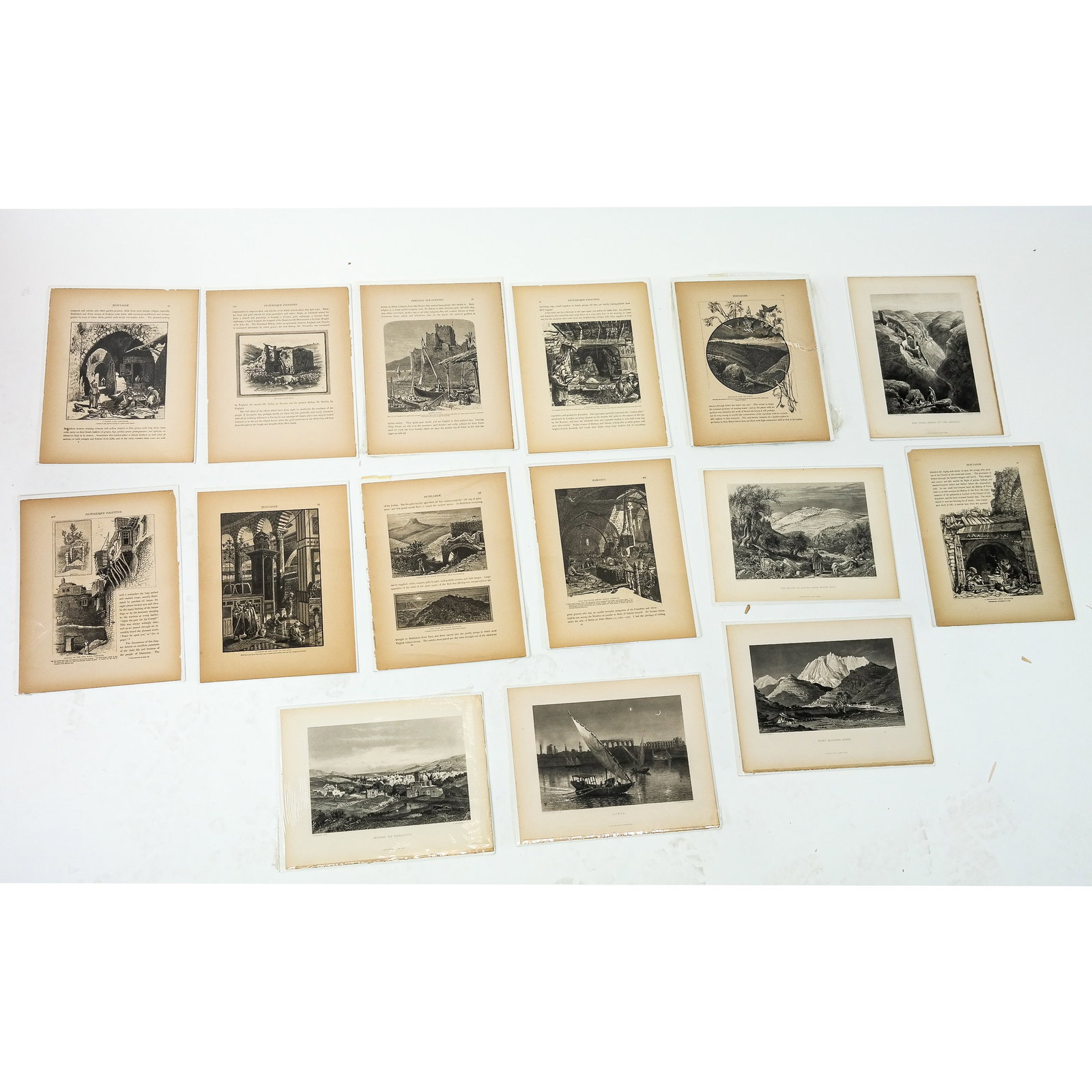 Depictions of the Holy Land - 20 Prints: Collection of 20 vintage prints of The Holy Land, including Palestine, Israel, Egypt, Syria, Lebanon, and more, with depictions of Jerusalem, Galilee, Damascus, Bethlehem, Mount Sinai, etc. All unfram