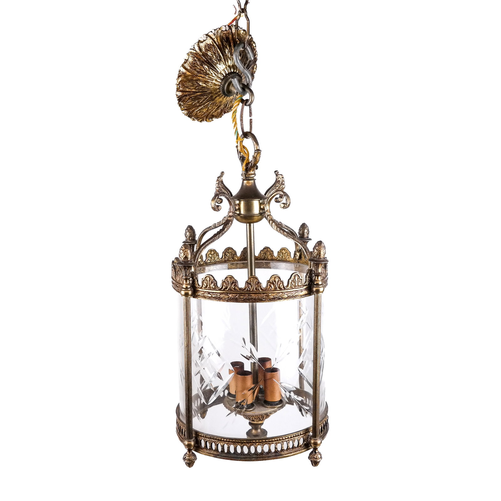French-Style Petite Hall Lantern: Early 20th century gilt metal lantern with one single shade. Wired. [16" H x 9" Diam.]. Not tested.