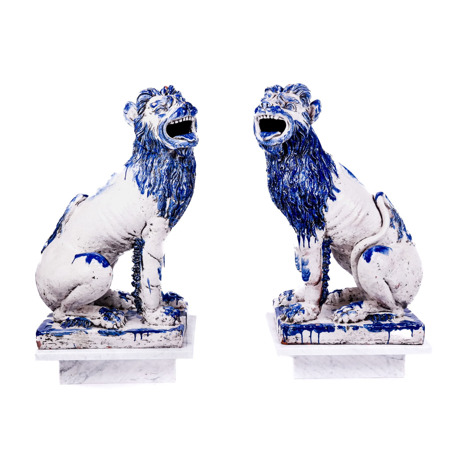 Pair of 20th C. Blue & White Ceramic Foo Dogs (1 of 13)