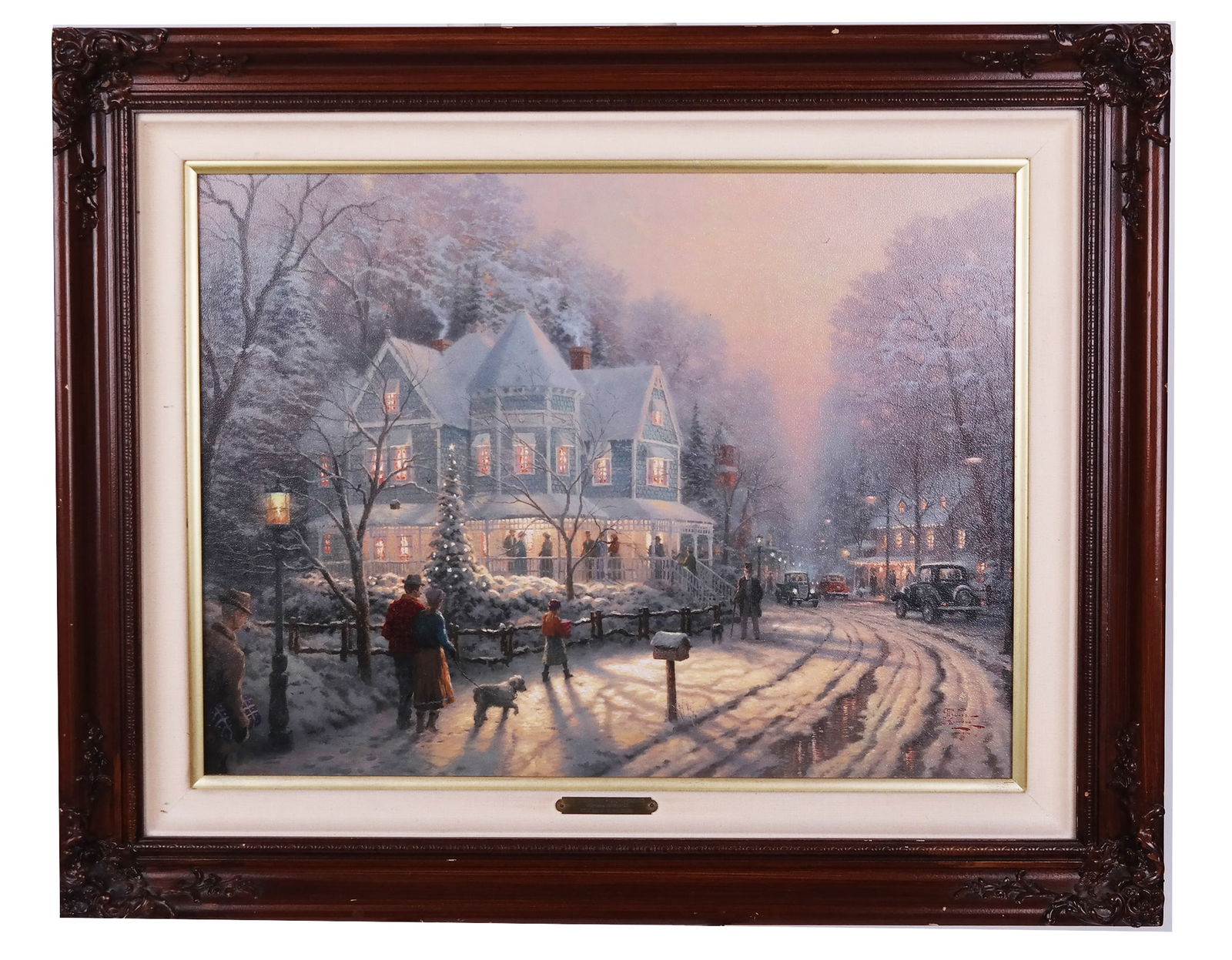 Thomas KINCADE: Winter Scene at Christmas: Thomas Kincade (American, 1958-2012) winter scene "A Holiday Gathering" (Christmas Cottage IX). Giclee on canvas. Labels verso. [Sight: 17 1/2 x 25 1/2 inches; Frame: 25 1/4 x 31 1/2 inches]. Minor we