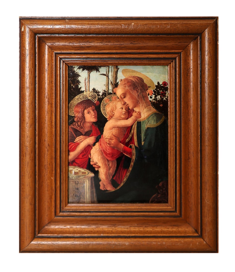 After BOTTICELLI: "Madonna & Child..." - Framed Pl: Framed plaque depicting Sandro Botticelli's "Madonna and Child with the Young St. John the Baptist". [Plaque: 5 1/2" H x 4" W; Frame: 9 1/2" H x 8" W]. With light surface scuffs.