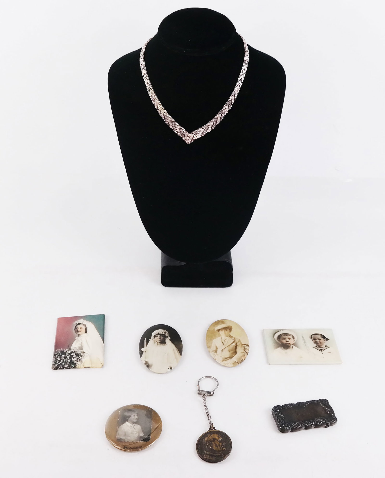 Sterling Silver Necklace, Box & Photo Pins: Sterling silver necklace, box and photo pins, including a JFK and Pope Italian medallion.