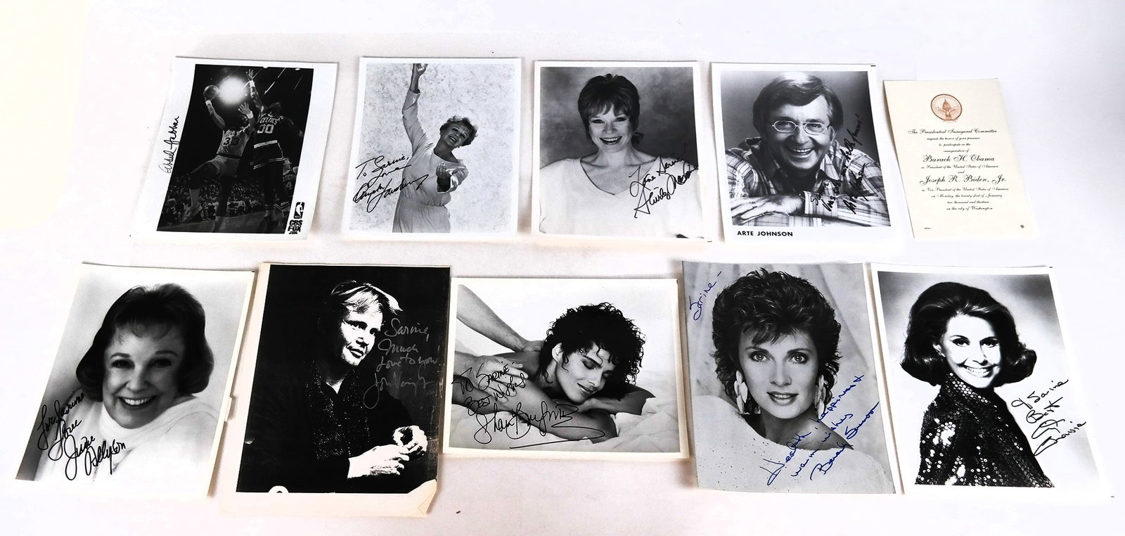 Celebrity Autographed Photos, Others: Lot includes an invite to Obama 2013 Inauguration; autographed photos include Kareem Abdul-Jabbar, Shari Belafonte, Shirley MacLaine, June Allyson, Beverly Adams Sassoon, Angela Lansbury, Arte Johnson