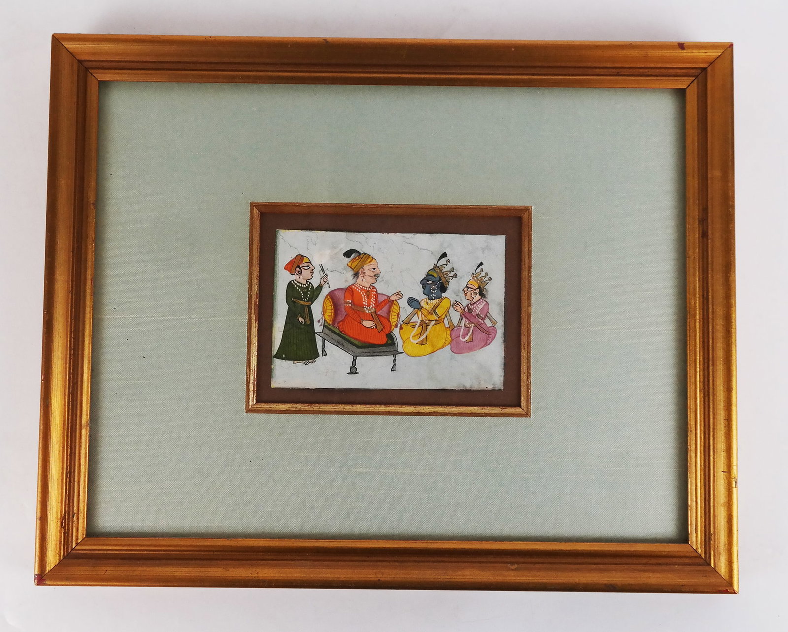 South Asian Framed Painting: South Asian framed painting, early 20th century, probably Indian or Nepalese, depicting Rama (Vishnu) and his consort Sita beside a king and standing attendant, most likely a scene from the Hindu epic