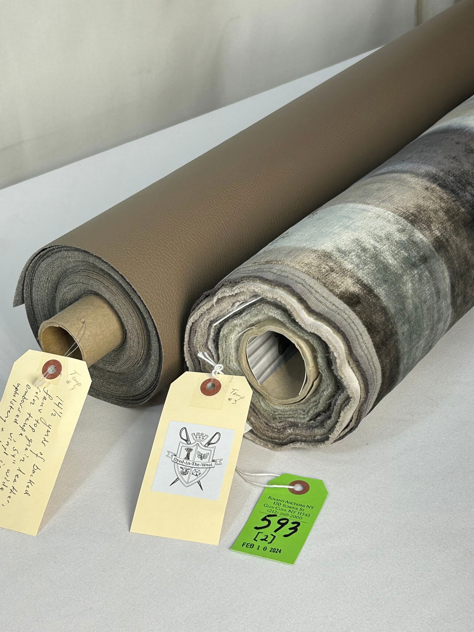 Hand-Printed Velvet and Embossed Vinyl Fabrics: 1) 8 yards of European hand-printed viscose-faced velvet in a rich modern coloration of teal, mink, beaver and grey, 56" wide. As the stripes vary, there is NO REPEAT. There are 3 lengths on one tube: