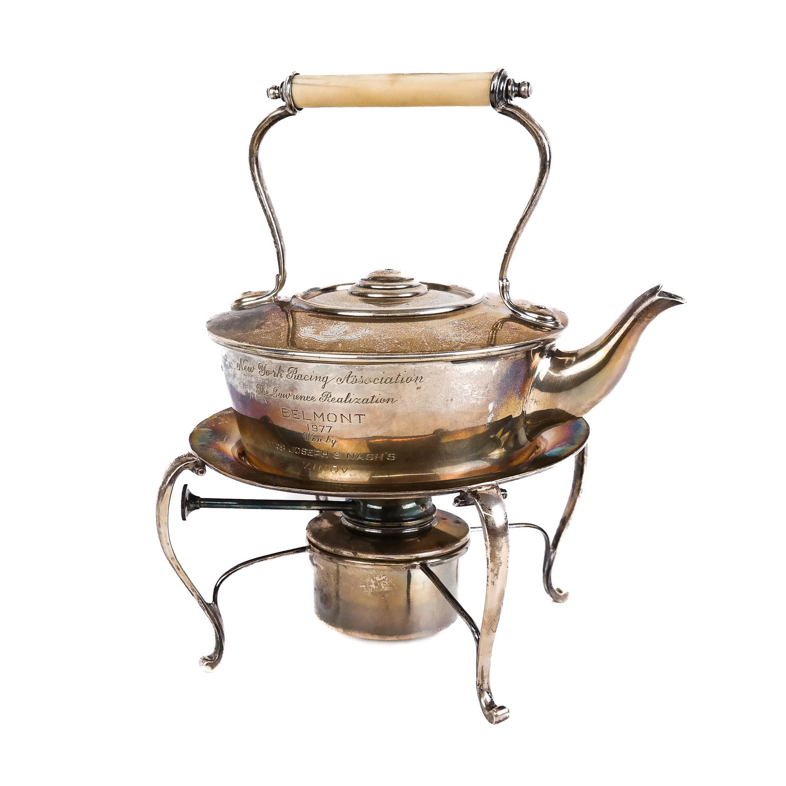 Sterling Silver Presentation Kettle on Stand: English George III-style Horse Racing presentation kettle on sterling silver stand with burner, with bone handle, bearing engraved dedication "New York Racing Association / The Lawrence Realization /