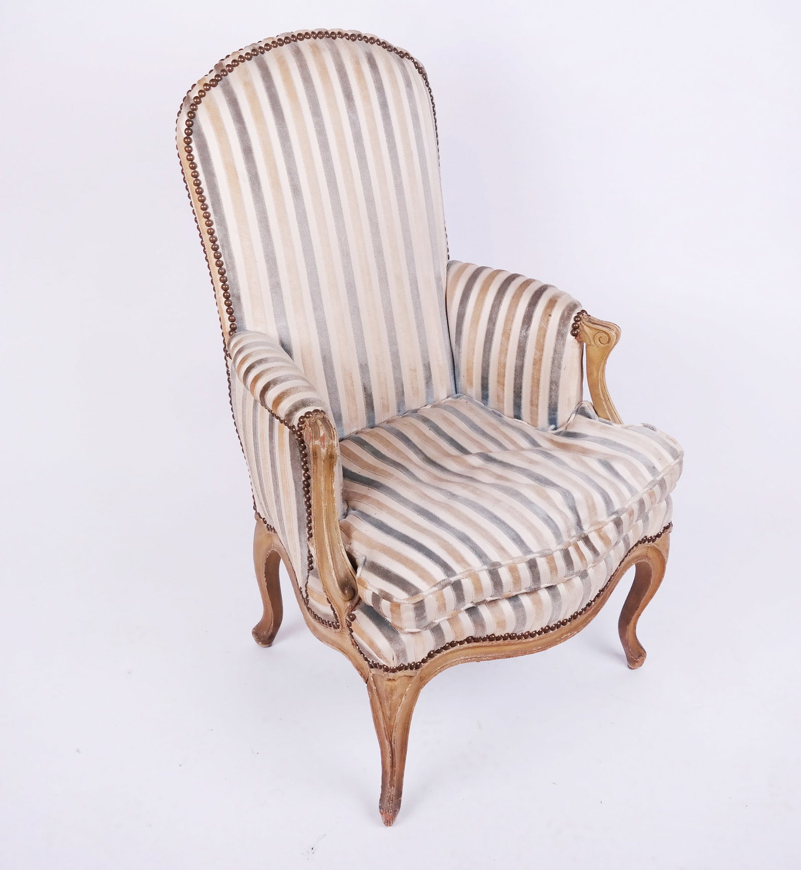 Early 20th c. Painted French-Style Armchair: Continental painted and decorated Louis XV-style armchair. [38" H x 22" W x 19" W; 16" H to seat].