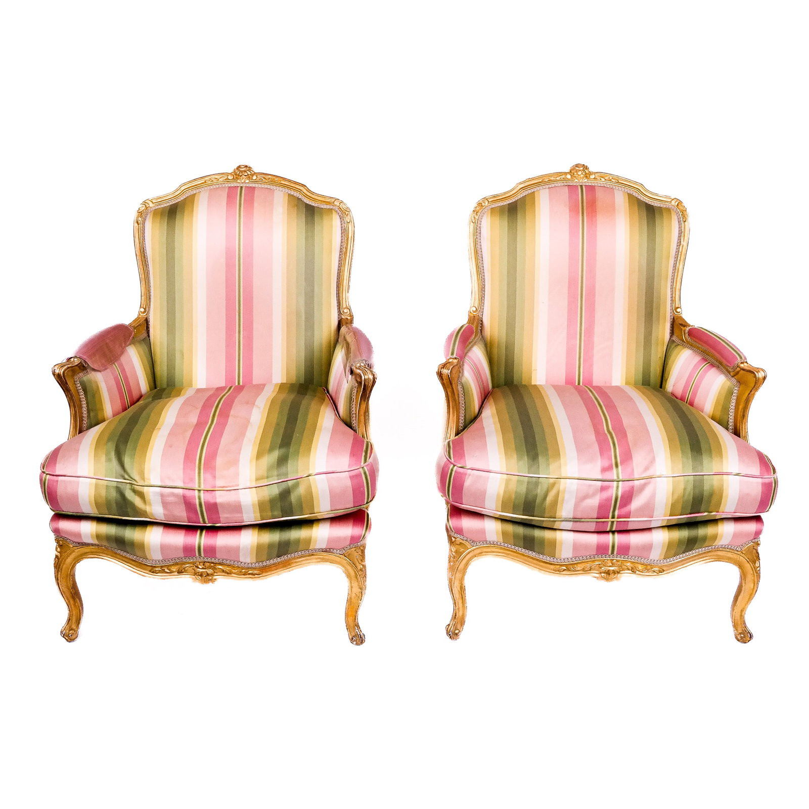Pair of Early 20th C. French Gilt Bergeres: Pair of antique French beregeres with striped upholstery. [37 1/2" x 28" x 18 1/2" to seat].