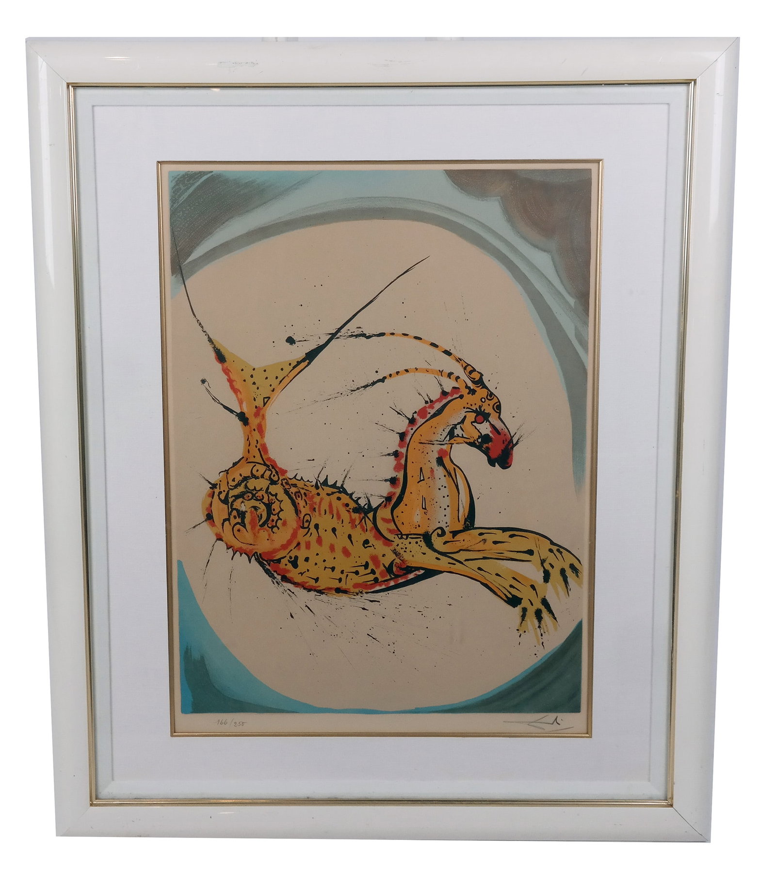 Salvador DALI: "Capricorn" - Lithograph: Salvador Dali (Spanish, 1904-1989) lithograph, "Capricorn", from the Zodiac Series, signed and numbered in pencil 166/250, bearing label verso. [Image: 25" H x 18 1/2" W; Frame: 36 3/4" H x 30 1/2" W]