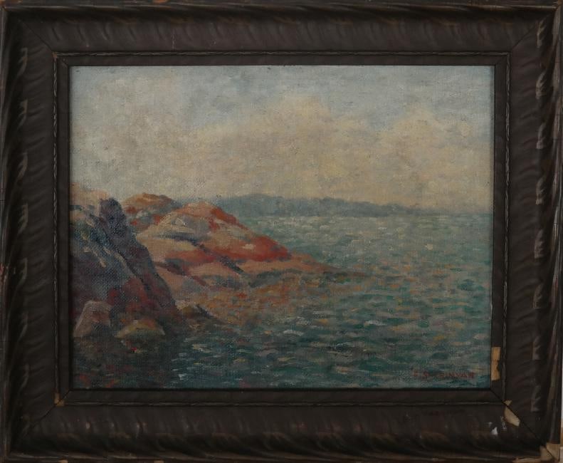 Elizabeth SHERINYAN: Painting - Seascape: Impressionist coastal seascape oil on panel by Elizabeth Sherinyan (American, Massachusetts). [Art: 9 1/2 x 12 1/2 inches; Frame: 13 x 17 inches].