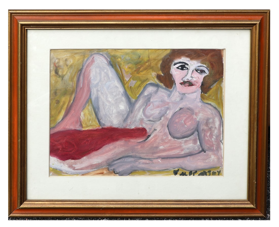 Justin McCARTHY: Female Nude - Painting: Framed painting under glass of a reclining nude woman, signed lower right. [Art: 11 1/2" H x 15" W; Frame: 19" H x 23" W].