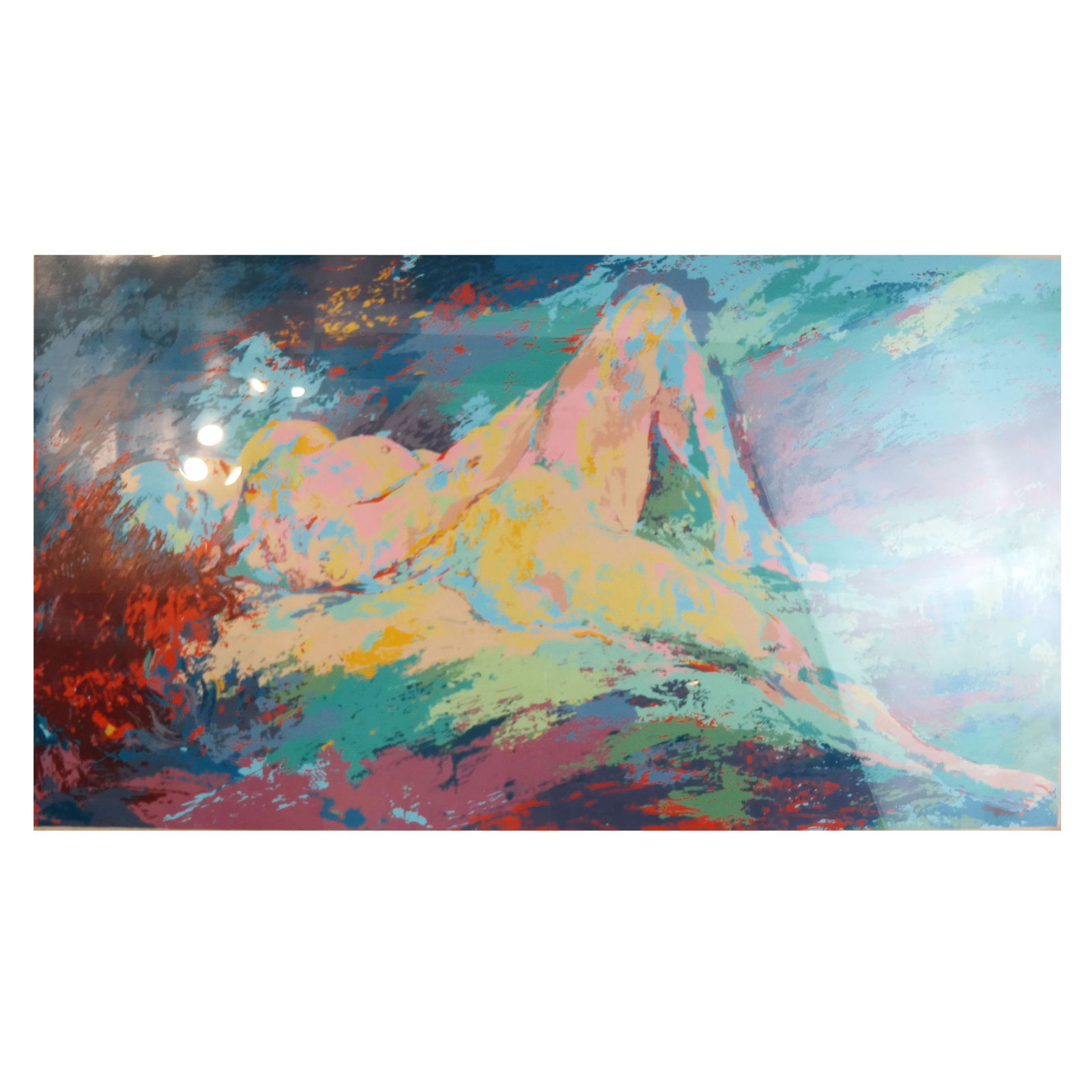 Leroy NEIMAN: Reclining Nude - Print: Leroy Neiman (American, 1921-2012) polychrome serigraph print of a reclining nude woman, circa 1960, Artist's Proof, signed lower right. [Image: 19 3/4" H x 35 1/4" W; Frame: 26 3/4" H x 41 1/4" W]. W