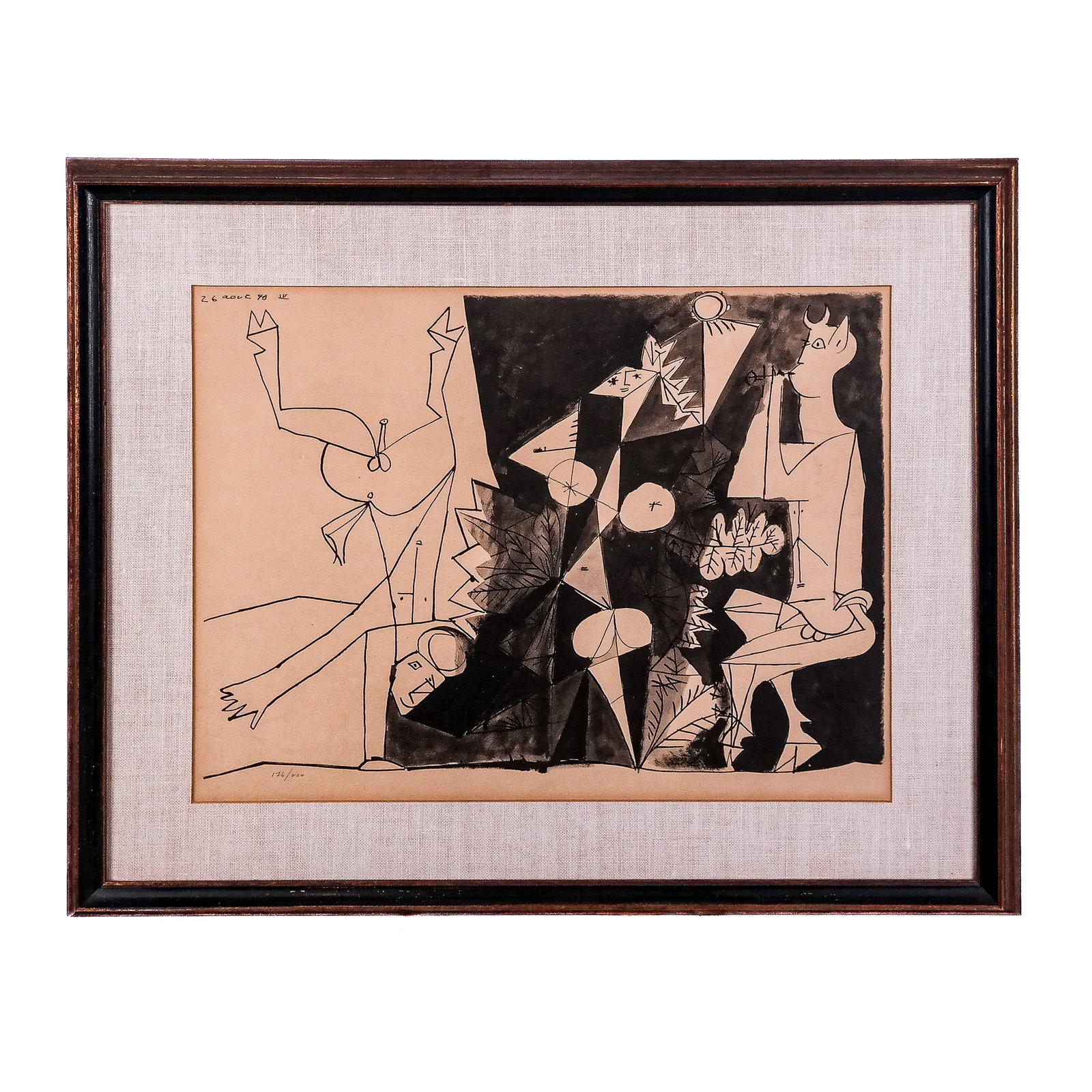 After Pablo PICASSO: Satyr - Print: After Picasso, print in black on tan paper, depicting a Satyr and another figure. [Art: 15" H x 18" W; Frame: 22" H x 26" W].