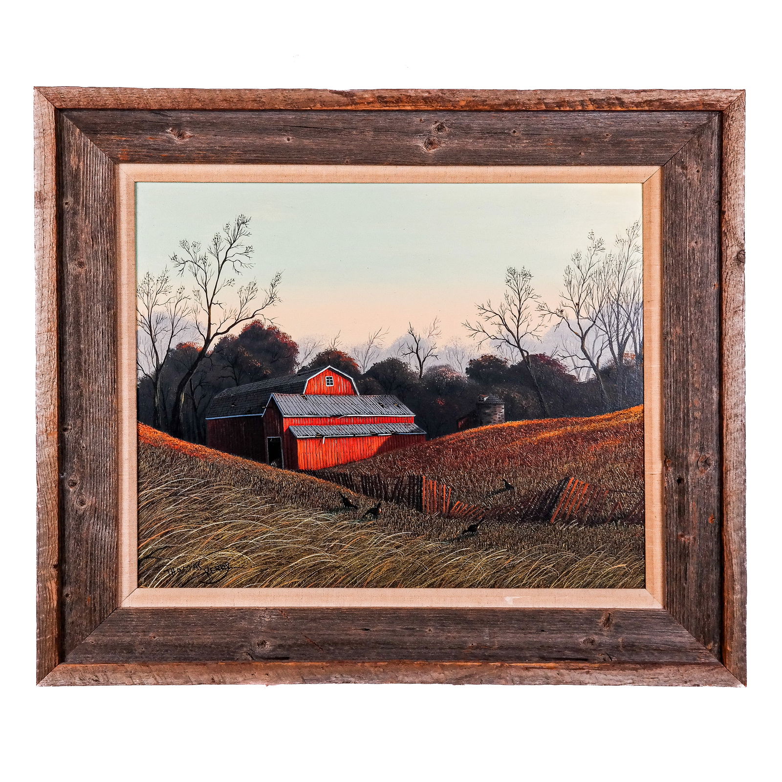 Thomas KERRY: Barn in Autumn - Oil Painting: Thomas Kerry (American, 20th C.) oil on masonite painting of a barn in autumn landscape with birds, signed lower left, in a rustic frame. [Art: 19" H x 23" W; Frame: 28" H x 32" W].