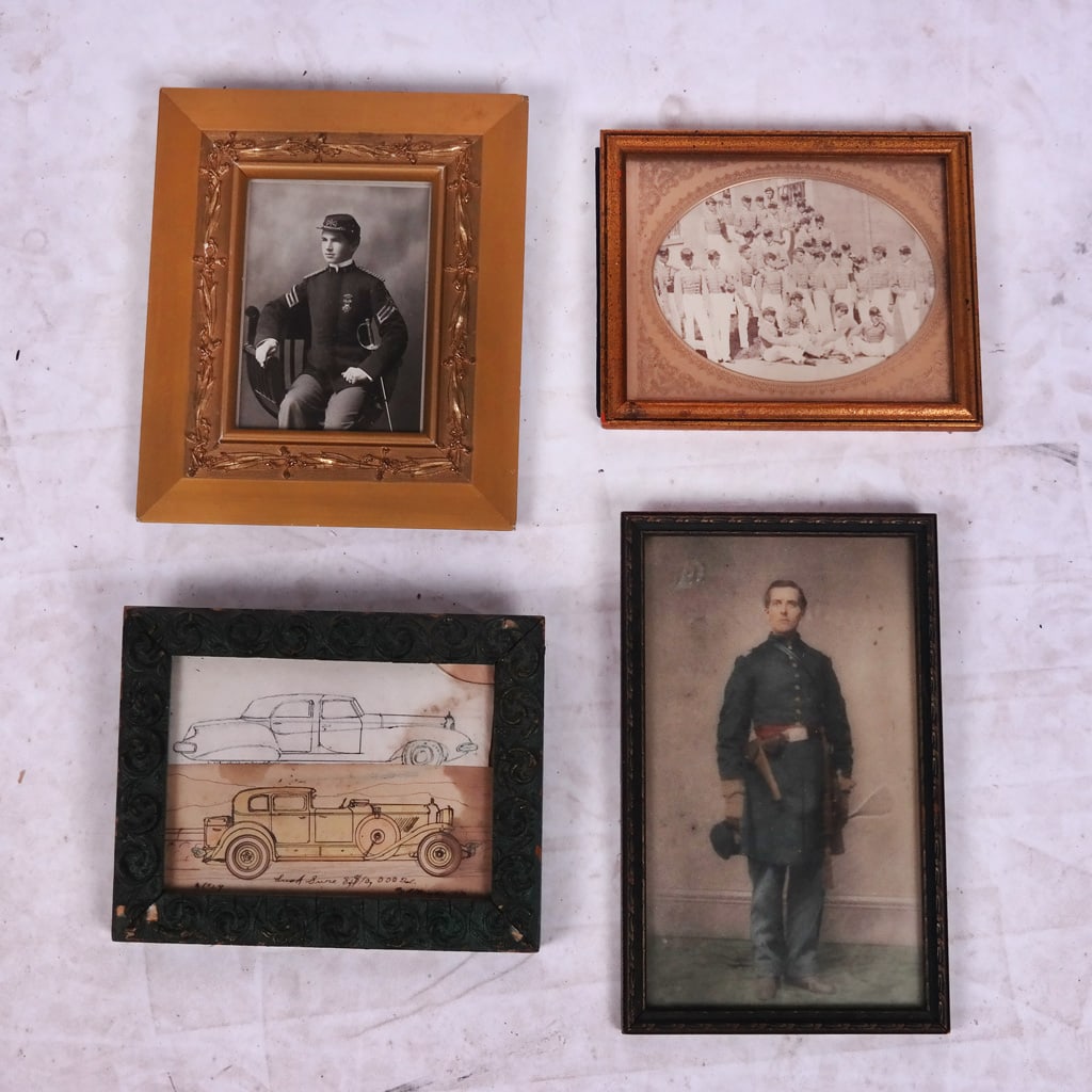 Three Was Soldiers Photos, Other (4): An oval portrait of a soldier, in a gilt mat; a single portrait of a decorated soldier in a gilt frame; a color print of a soldier, and a print of a car. [Largest frames: 10 3/4" H x 9 1/2" W; 9 1/2" 