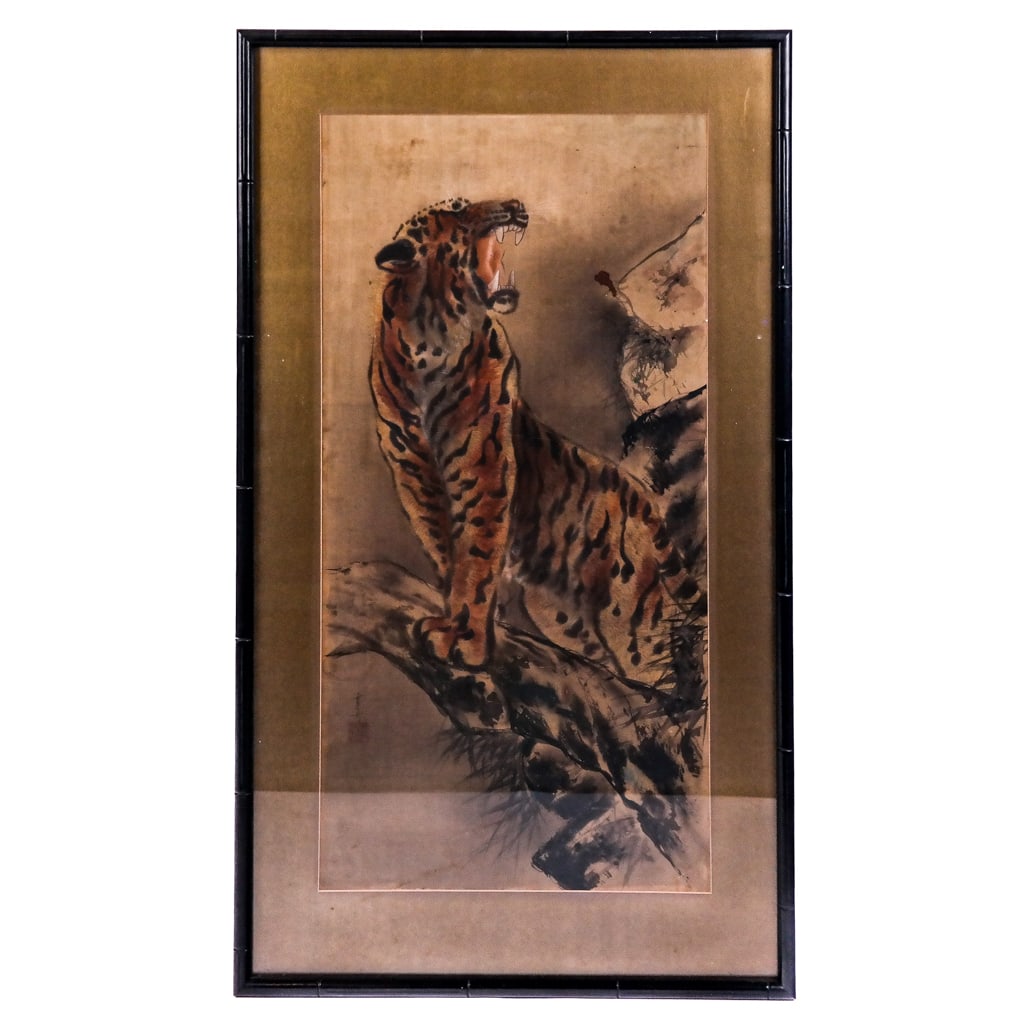 Japanese Print of a Tiger: Japanese print of a tiger. [Art: 32 1/2" H x 16 1/2" W; Frame: 41" H x 25 1/2" W]. In worn condition.