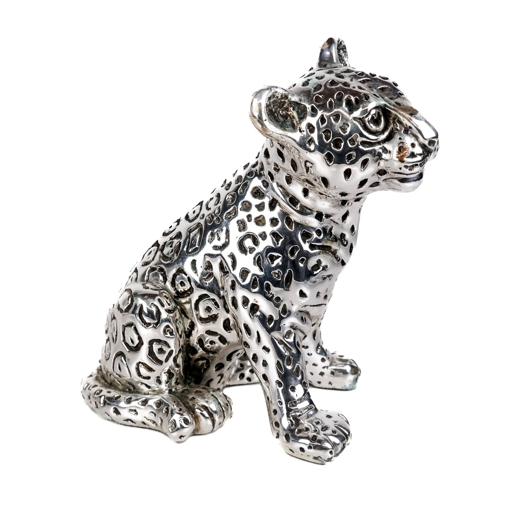 D'Argenta Silver Clad Baby Leopard: D'Argenta silver clad baby leopard designed by Ricardo del Rio. [9" H x 6" W x 9" D]. Needs cleaning.