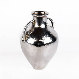 Ilias Lalaounis Sterling Silver Vase: Modern Greco-Roman-style vase marked "Greece 925". 7.5 ozt. [6" H]. One handle dented; another dent.