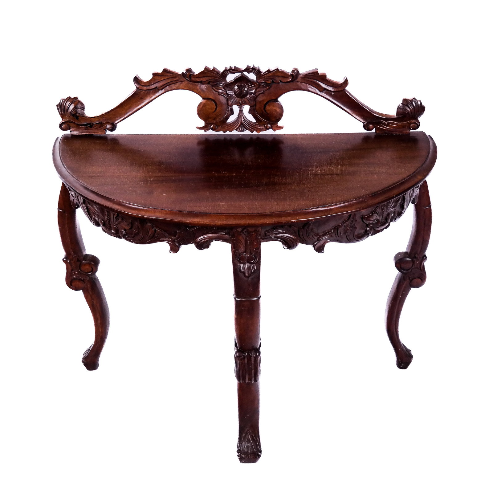 Victorian-Style Demilune Bow Console: Victorian-style demilune bow console on three legs, with carved open back. [33" H x 37" W x 17" D].