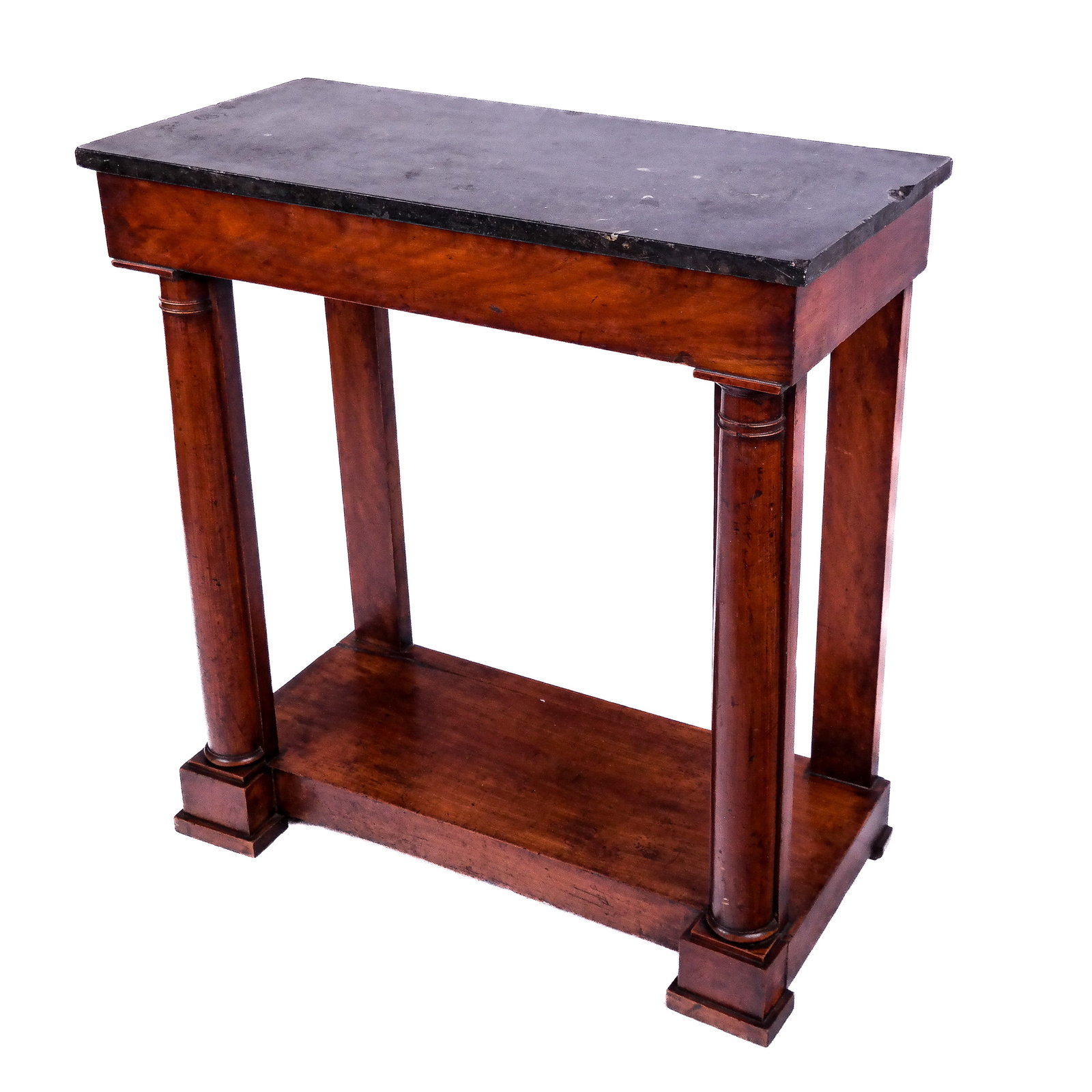 Antique Charles X-Style Pier Console: Antique Charles X-style pier console with old marble top on mahogany base with half-front columns and flat backs, on block feet. [35" H x 33" W x 16" D]. Marble top with age chips.