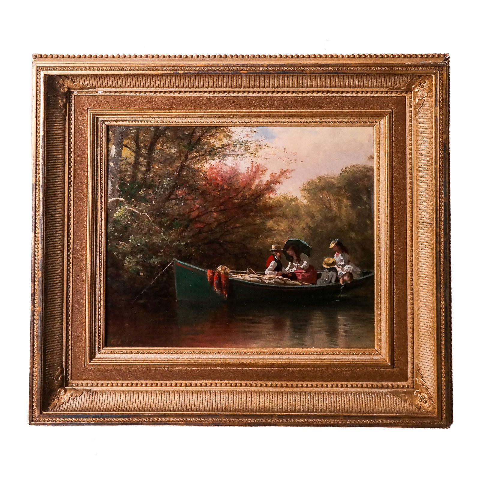 G.L. (?): Family in a Canoe - Oil Painting (1 of 8)