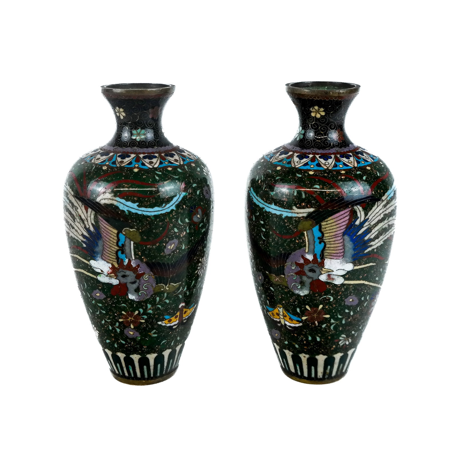 Pair of Chinese Cloisonne Vases: Pair of Chinese cloisonne vases, having butterfly and rooster design on green and gilt sparkle ground; very detailed. [6" H x 3" Diam.].