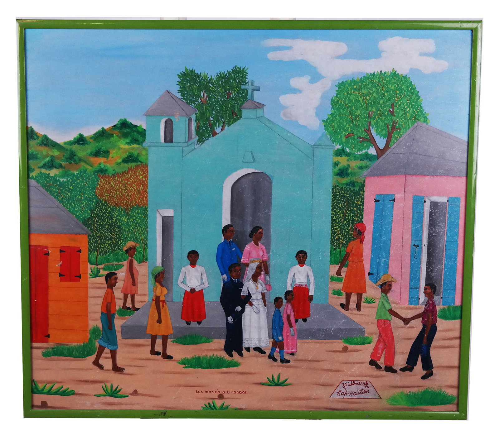 Haitian Village Scene - Oil Painting: Oil painting of a Haitian figural village scene, titled "Les Maries a Limonade", signed lower right. [Art: 23" H x 26 1/2" W; Frame: 24 3/4" H x 28" W]. Soiling.