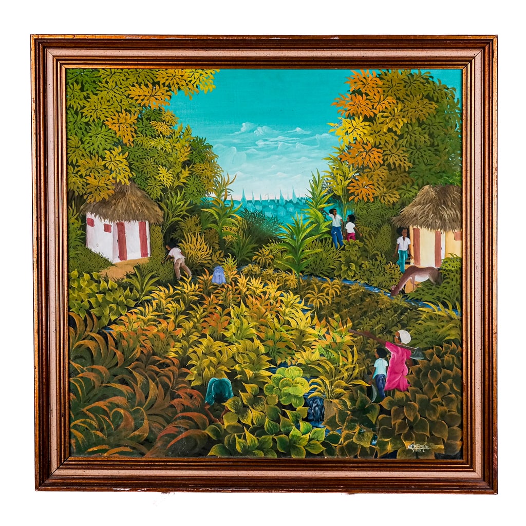 Signed "EDWERTEIN": Haitian Scene - Oil Painting: Haitian oil on artist board painting of a forest and field landscape with figures and water in the distance, signed lower right, bearing Haitian label on back. [Art: 23" x 23"; Frame: 27 1/2" x 27 1/2