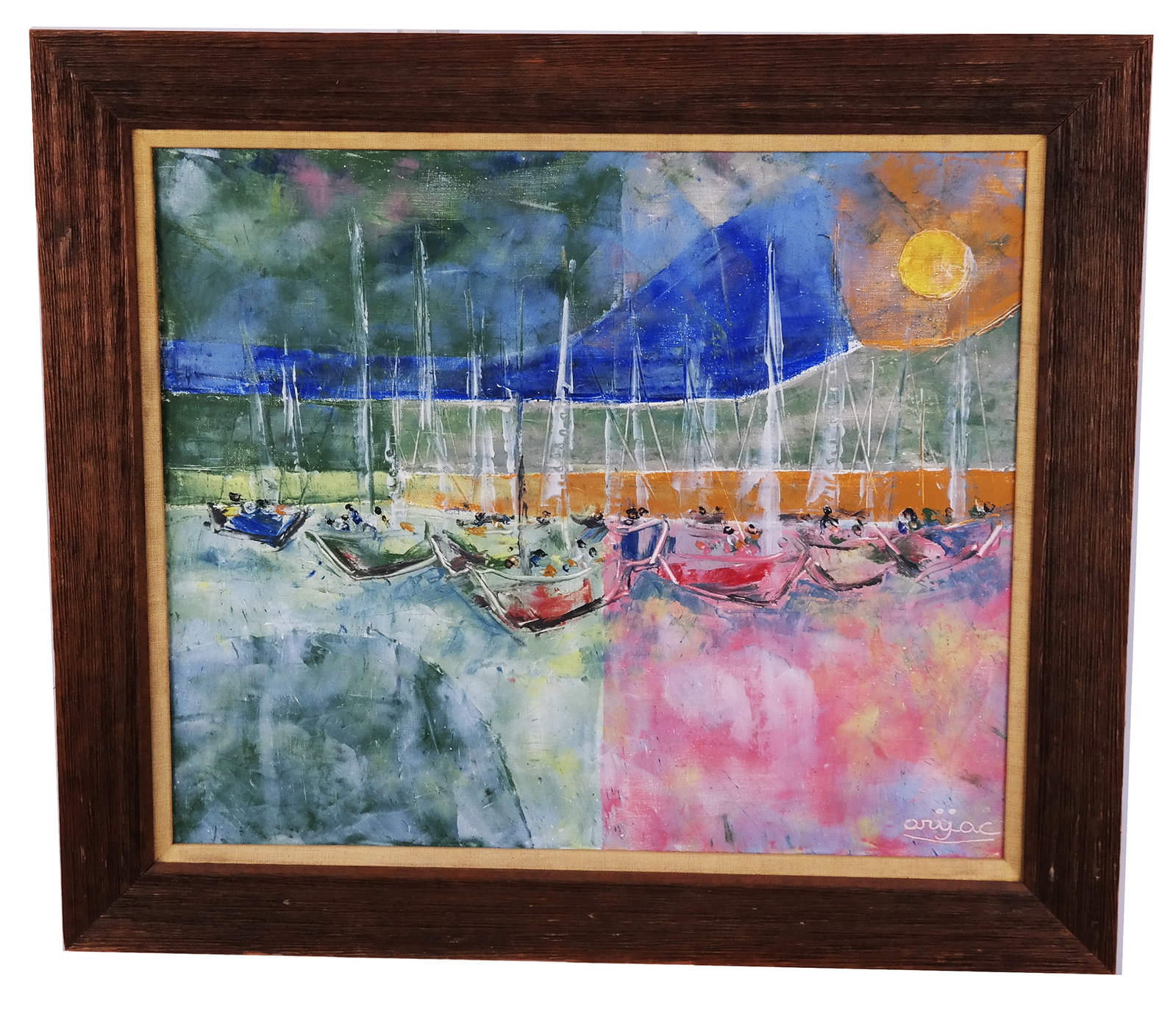 Fishing Boats at Sunrise - Oil Painting: Framed oil on canvas painting of fishing boats at sunrise, signed lower left. [Art: 20" H x 24" W; Frame: 25 1/2" H x 29 1/2" W].