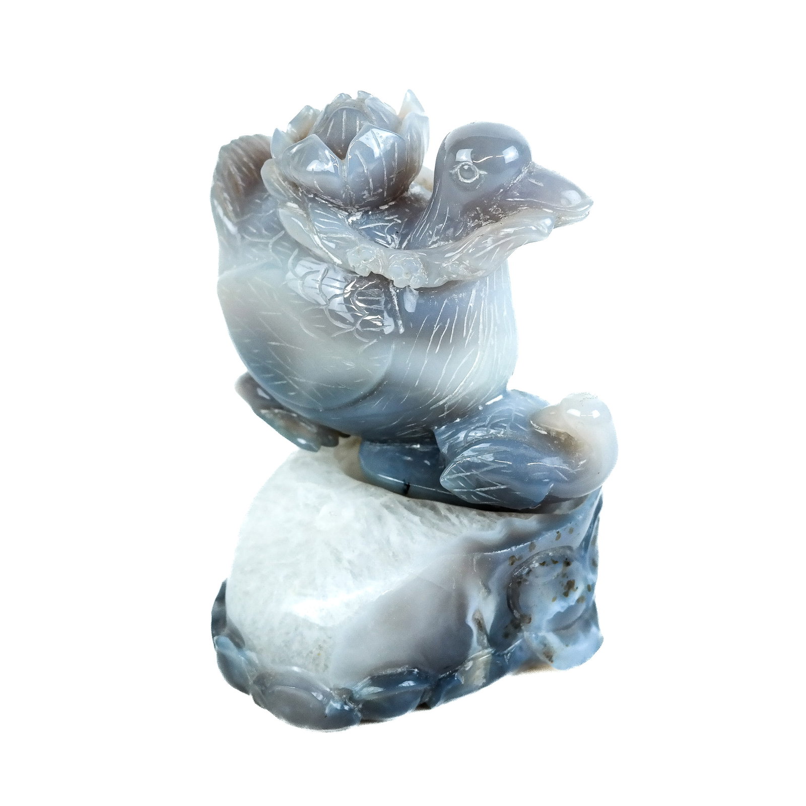 Two Asian Agate Carvings: Two (2) Asian agate carvings, comprising a bird group with lotus flower top [4" H] and a base with cut-out top as an ink stand [2" H].