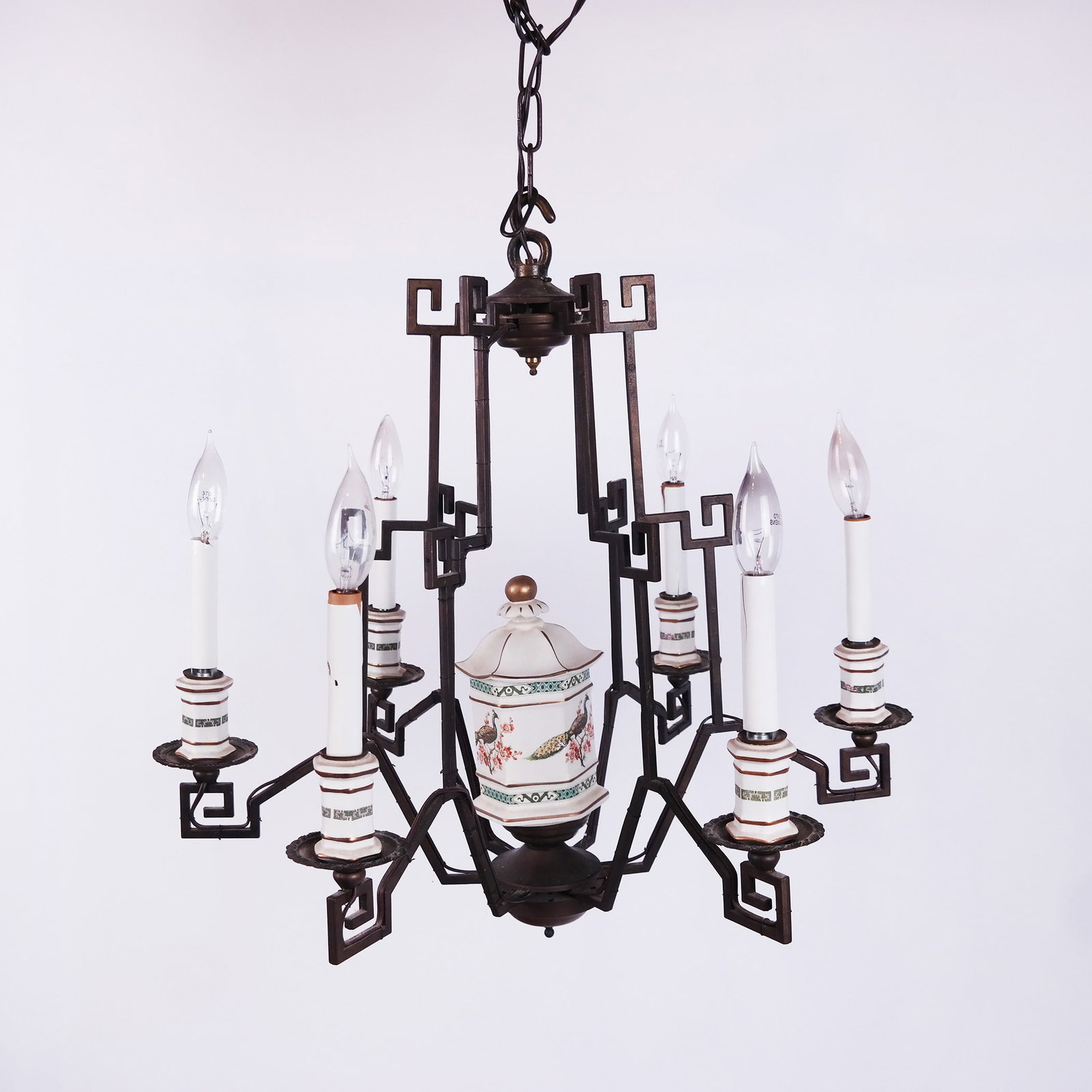 6-Light Porcelain & Bronze Chandelier: Six-light porcelain and bronze chandelier with bird decoration. [22" H x 22" Diam.]. In worn condition, losses and repairs to porcelain.