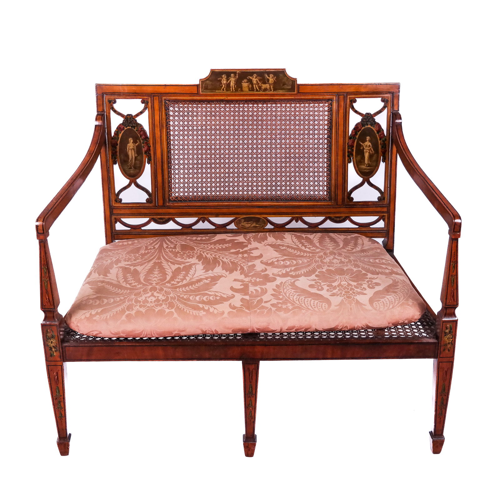 Adam-Style Satinwood & Cane Settee: 20th century Angelica Kaufman design settee, having a caned back and seat. [34 1/2" H x 37 1/2" W x 24" D; 14" H to seat]. Cane in good condition.