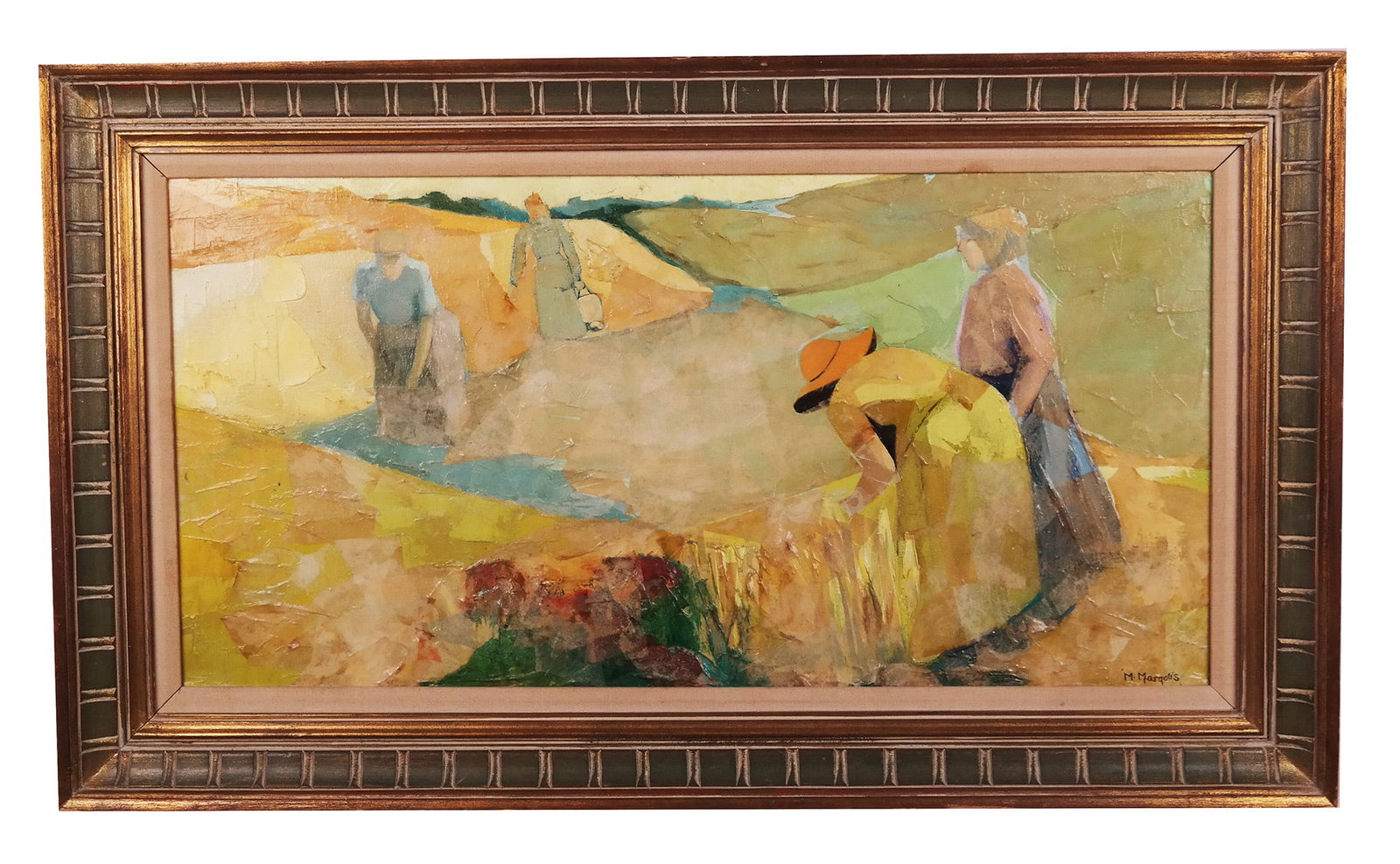 M. MARGOLIS: Woman in Field - Oil Painting: Framed oil on canvas of an Impressionist scene of a woman in a field. [Art: 16" H x 32" W; Frame: 23" H x 39" W]. In good condition.