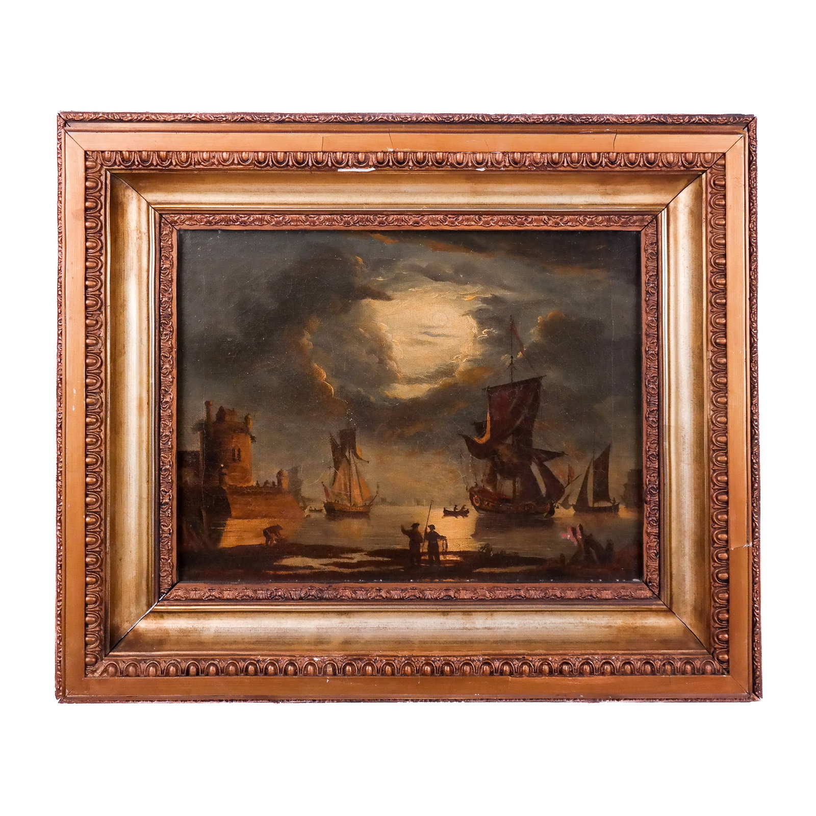 European School: Ships - Oil Painting: European School painting, 18th/19th century, possibly Dutch, of maritime/nautical interest, depicting ships and figures in a harbor; signature not found. [Art: 13" H x 17" W; Frame: 20 1/2" H x 24 1/4